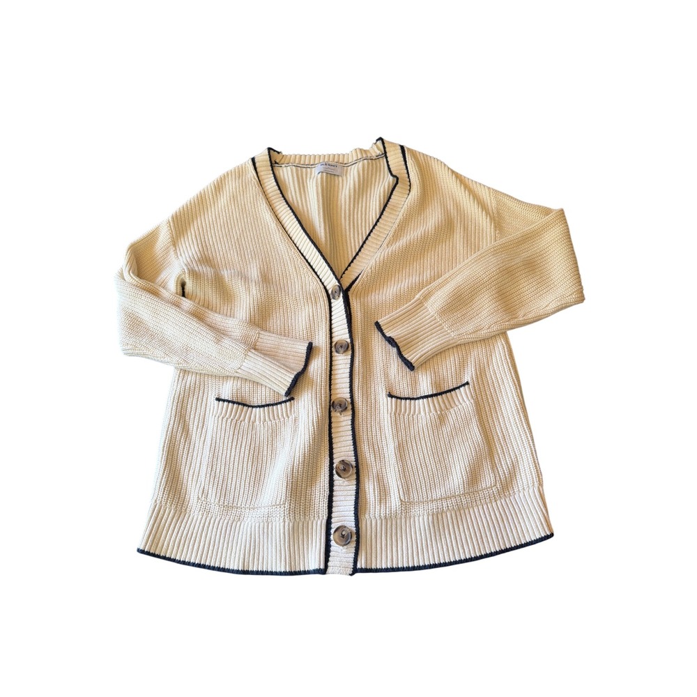 Old Navy Cardigan Ivory Cream Navy Trim Shaker Rib Cotton V-Neck Button Front XL